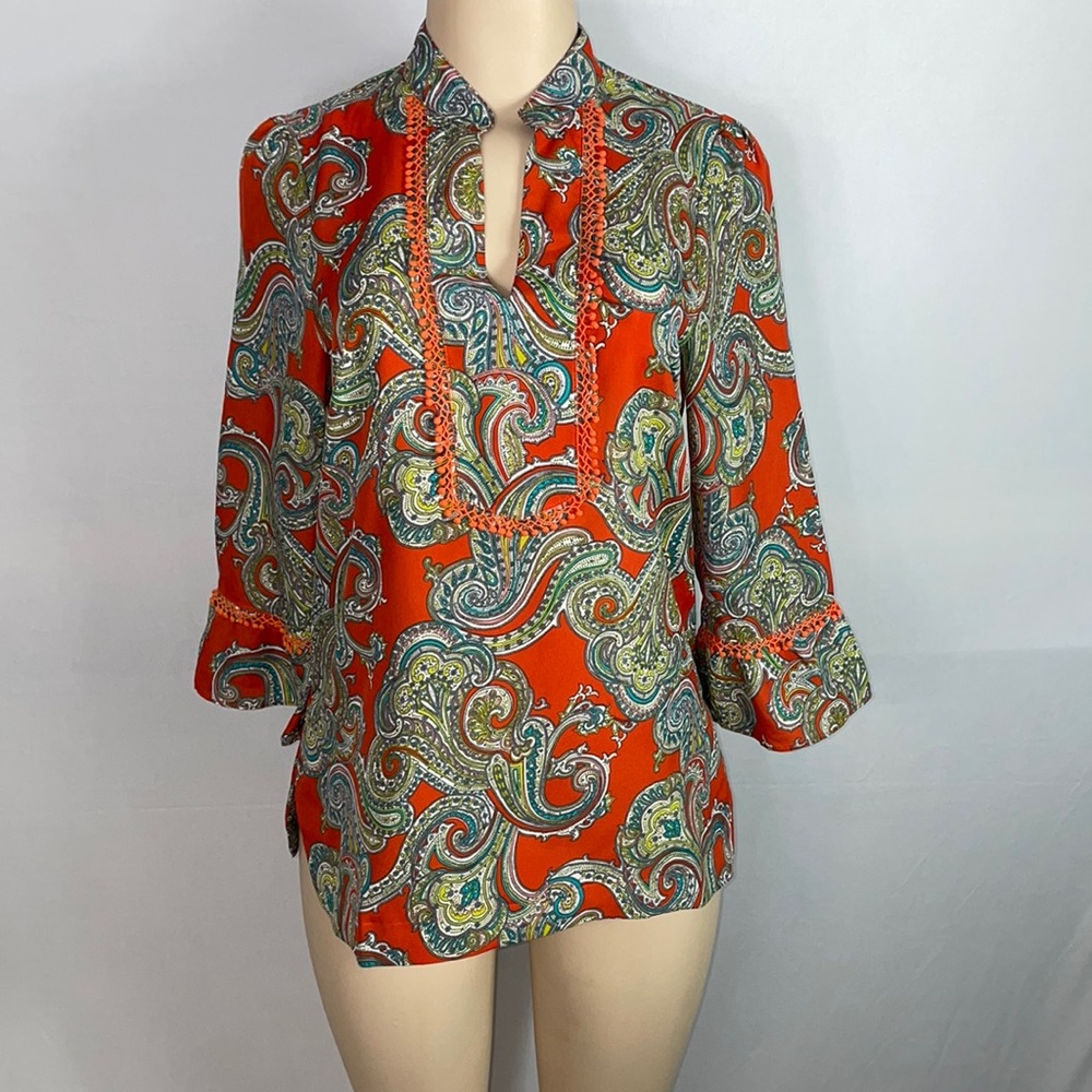 Jade Melody Tam XS Orange Paisley Tunic Blouse Boho Crochet Trim Peasant Top